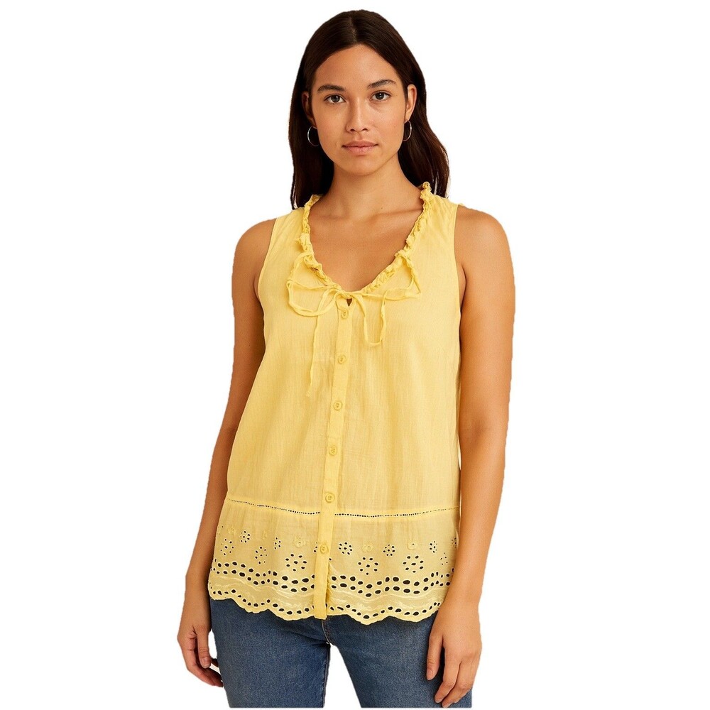 floreat anthropologie Yellow Cotton Blouse Size 12 Sleeveless Eyelet Whimsical